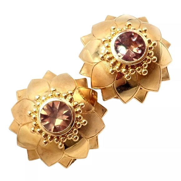 Rare! Vintage Paula Crevoshay 18k Gold Brown Zircon Round Flower Earrings OOAK - Picture 7 of 11
